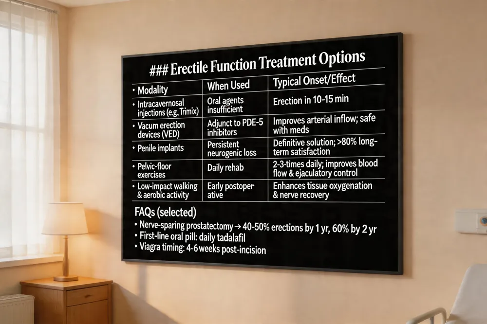 ### Erectile Function Treatment Options
| Modality | When Used | Typical Onset/Effect |
|---|---|---|
| Intracavernosal injections (e.g., Trimix) | Oral agents insufficient | Erection in 10‑15 min |
| Vacuum erection devices (VED) | Adjunct to PDE‑5 inhibitors | Improves arterial inflow; safe with meds |
| Penile implants | Persistent neurogenic loss | Definitive solution; >80 % long‑term satisfaction |
| Pelvic‑floor exercises | Daily rehab | 2‑3 times daily; improves blood flow & ejaculatory control |
| Low‑impact walking & aerobic activity | Early postoperative | Enhances tissue oxygenation & nerve recovery |
| FAQs (selected) | • Nerve‑sparing prostatectomy → 40‑50 % erections by 1 yr, 60 % by 2 yr<br>• First‑line oral pill: daily tadalafil<br>• Viagra timing: 4‑6 weeks post‑incision n