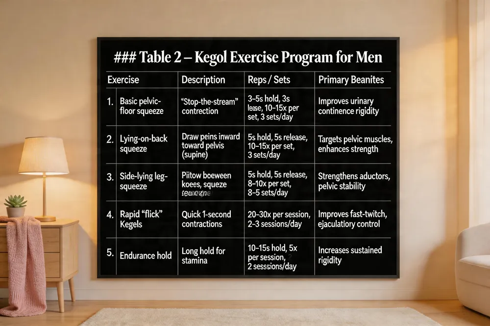 ### Table 2 – Kegel Exercise Program for Men
| Exercise | Description | Reps / Sets | Primary Benefits |
|---|---|---|---|
| Basic pelvic‑floor squeeze | “Stop‑the‑stream” contraction | 3–5 s hold, 3 s release, 10–15 × per set, 3 sets/day | Improves urinary continence, erectile rigidity |
| Lying‑on‑back squeeze | Draw penis inward toward pelvis while supine | 5 s hold, 5 s release, 10–15 × per set, 3 sets/day | Targets ischiocavernosus & bulbocavernosus, enhances erection strength |
| Side‑lying leg‑squeeze | Pillow between knees, squeeze legs together | 5 s hold, 5 s release, 8–10 × per set, 3–5 sets/day | Strengthens adductors, supports pelvic floor stability |
| Rapid “flick” Kegels | Quick 1‑second contractions | 20‑30 × per session, 2–3 sessions/day | Improves fast‑twitch muscle response, ejaculatory control |
| Endurance hold | Long hold for stamina | 10–15 s hold, 5 × per session, 2 sessions/day | Increases sustained rigidity for longer intercourse |
