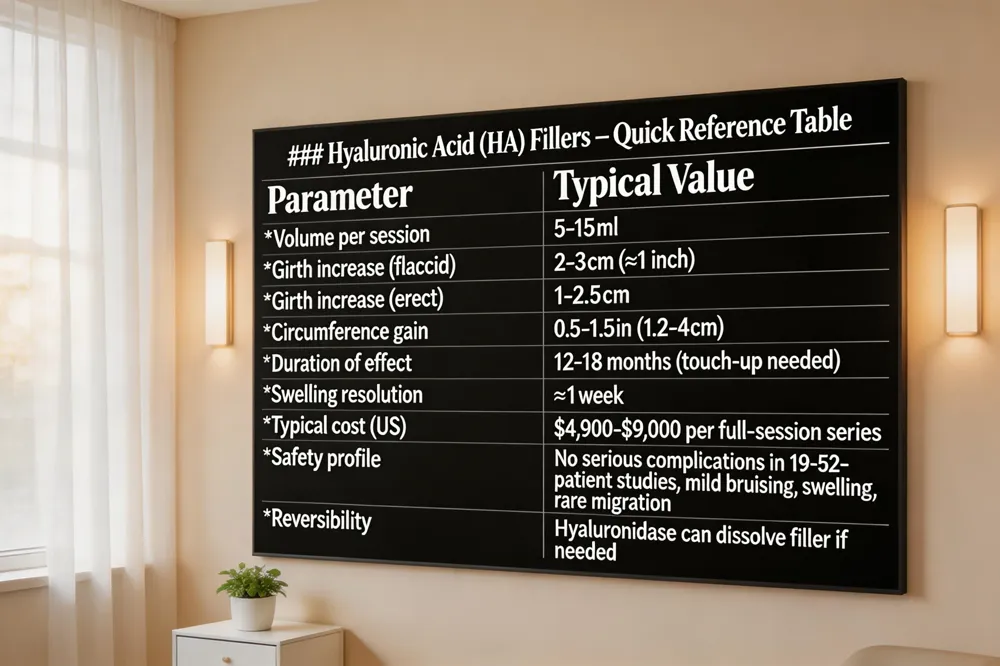 ### Hyaluronic Acid (HA) Fillers – Quick Reference Table
| Parameter | Typical Value |
|---|---|
| Volume per session | 5‑15 ml |
| Girth increase (flaccid) | 2‑3 cm (≈1 inch) |
| Girth increase (erect) | 1‑2.5 cm |
| Circumference gain | 0.5‑1.5 in (1.2‑4 cm) |
| Duration of effect | 12‑18 months (touch‑up needed) |
| Swelling resolution | ≈1 week |
| Typical cost (US) | $4,900‑$9,000 per full‑session series |
| Safety profile | No serious complications in 19‑52‑patient studies; mild bruising, swelling, rare migration |
| Reversibility | Hyaluronidase can dissolve filler if needed |

