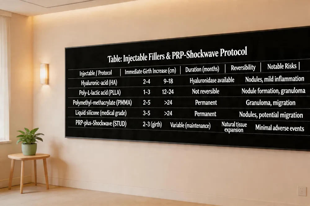 Table: Injectable Fillers & PRP‑Shockwave Protocol
| Injectable / Protocol | Immediate Girth Increase (cm) | Duration (months) | Reversibility | Notable Risks |
|---|---|---|---|---|
| Hyaluronic‑acid (HA) | 2–4 | 9–18 | Hyaluronidase available | Nodules, mild inflammation |
| Poly‑L‑lactic acid (PLLA) | 1–3 | 12–24 | Not reversible | Nodule formation, granuloma |
| Polymethyl‑methacrylate (PMMA) microspheres | 2–5 | >24 | Permanent | Granuloma, migration |
| Liquid silicone (medical grade) | 3–5 | >24 | Permanent | Nodules, potential migration |
| PRP‑plus‑Shockwave (STUD) | 2–3 (girth) | Variable (maintenance) | Natural tissue expansion | Minimal adverse events |

