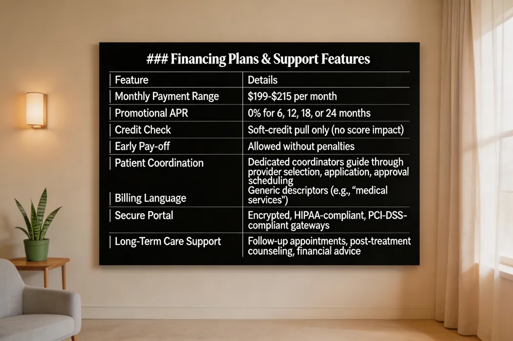 ### Financing Plans & Support Features
| Feature | Details |
|---|---|
| Monthly Payment Range | $199‑$215 per month |
| Promotional APR | 0 % for 6, 12, 18, or 24 months |
| Credit Check | Soft‑credit pull only (no score impact) |
| Early Pay‑off | Allowed without penalties |
| Patient Coordination | Dedicated coordinators guide through provider selection, application, approval, scheduling |
| Billing Language | Generic descriptors (e.g., “medical services”) |
| Secure Portal | Encrypted, HIPAA‑compliant, PCI‑DSS‑compliant gateways |
| Long‑Term Care Support | Follow‑up appointments, post‑treatment counseling, financial advice |
