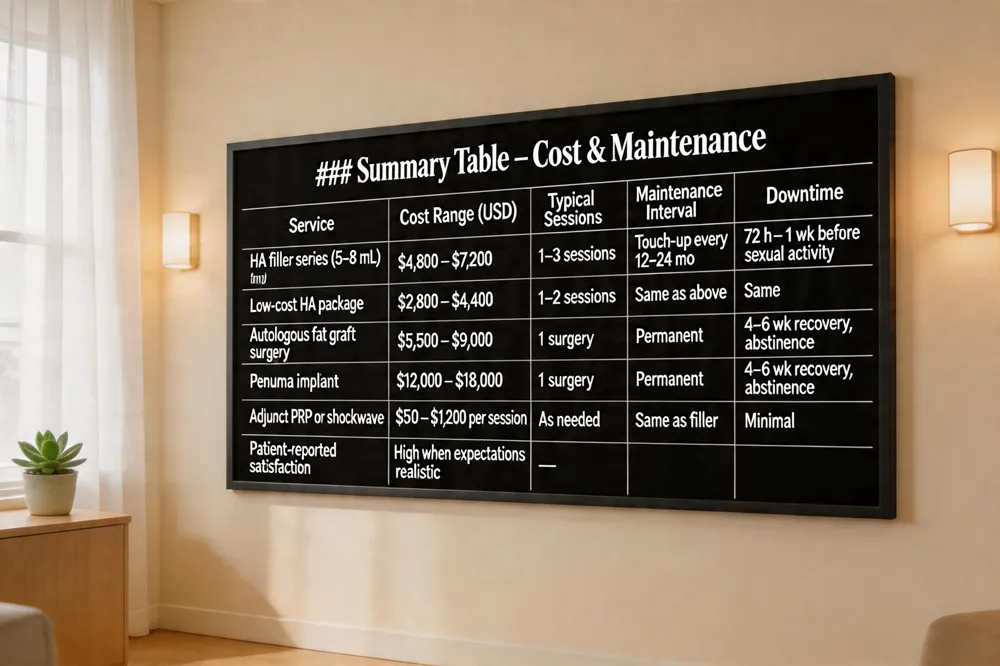 ### Summary Table – Cost & Maintenance
| Service | Cost Range (USD) | Typical Sessions | Maintenance Interval | Downtime |
|---|---|---|---|---|
| HA filler series (5–8 mL) | $4,800 – $7,200 | 1–3 sessions | Touch‑up every 12–24 mo | 72 h – 1 wk before sexual activity |
| Low‑cost HA package (fewer syringes) | $2,800 – $4,400 | 1–2 sessions | Same as above | Same |
| Autologous fat graft surgery | $5,500 – $9,000 | 1 surgery | Usually permanent | 4‑6 wk recovery, abstinence |
| Penuma implant | $12,000 – $18,000 | 1 surgery | Permanent | 4‑6 wk recovery, abstinence |
| Adjunct PRP or shockwave | $500 – $1,200 per session | As needed | Same as filler | Minimal |
| Patient‑reported satisfaction | High when expectations realistic | — | — | — |
