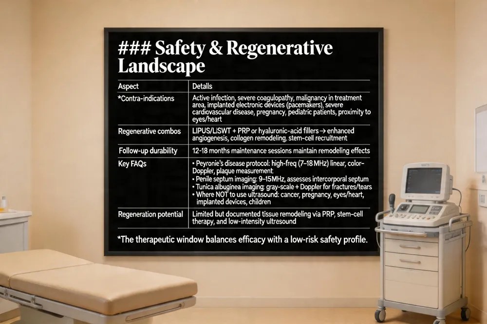 ### Safety & Regenerative Landscape
| Aspect | Details |
|---|---|
| Contra‑indications | Active infection, severe coagulopathy, malignancy in treatment area, implanted electronic devices (pacemakers), severe cardiovascular disease, pregnancy, pediatric patients, proximity to eyes/heart |
| Regenerative combos | LIPUS/LiSWT + PRP or hyaluronic‑acid fillers → enhanced angiogenesis, collagen remodeling, stem‑cell recruitment |
| Follow‑up durability | 12‑18 months maintenance sessions maintain remodeling effects |
| Key FAQs | • Peyronie’s disease protocol: high‑freq (7–18 MHz) linear, color‑Doppler, plaque measurement |
• • Penile septum imaging: 9–15 MHz, assesses intercorporeal septum | • • Tunica albuginea imaging: gray‑scale + Doppler for fractures/tears | • • Where NOT to use ultrasound: cancer, pregnancy, eyes/heart, implanted devices, children | | Regeneration potential | Limited but documented tissue remodeling via PRP, stem‑cell therapy, and low‑intensity ultrasound |
The therapeutic window balances efficacy with a low‑risk safety profile.