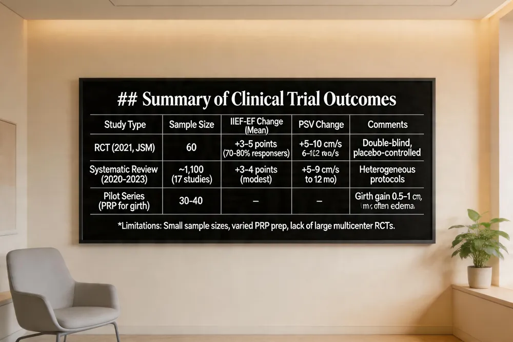 ### Summary of Clinical Trial Outcomes
| Study Type | Sample Size | IIEF‑EF Change (Mean) | PSV Change | Duration of Benefit | Comments |
|---|---|---|---|---|---|
| RCT (2021, JSM) | 60 | +3‑5 points (70‑80 % responders) | +5‑10 cm/s | 6‑12 months (peak 4‑6 wks) | Double‑blind, placebo‑controlled |
| Systematic Review (2020‑2023) | ~1,100 (17 studies) | +3‑4 points (modest) | +5‑9 cm/s | Variable (up to 12 mo) | Heterogeneous protocols |
| Pilot Series (PRP for girth) | 30‑40 | – | – | – | Girth gain 0.5‑1 cm; often edema |
Limitations: Small sample sizes, varied PRP prep, lack of large multicenter RCTs.
