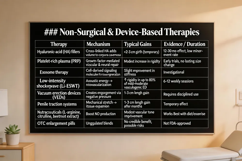 ### Non‑Surgical & Device‑Based Therapies
| Therapy | Mechanism | Typical Gains | Evidence / Duration |
|---|---|---|---|
| Hyaluronic‑acid (HA) fillers | Cross‑linked HA adds volume to corpora cavernosa | +2‑3 cm girth (temporary) | 12‑30 mo effect; low minor‑event rate |
| Platelet‑rich plasma (PRP) | Growth‑factor‑mediated vascular & neural repair | Modest increase in rigidity | Early trials; no lasting size change |
| Exosome therapy | Cell‑derived signaling molecules for tissue regeneration | Slight improvement in stiffness | Investigational |
| Low‑intensity extracorporeal shockwave (Li‑ESWT) | Acoustic energy → neovascularization | ↑ rigidity in up to 80 % of mild‑moderate vasculogenic ED | 6‑12 weekly sessions |
| Vacuum erection devices (VEDs) | Creates engorgement via negative pressure | 1‑3 cm length gain (temporary) | Requires disciplined use |
| Penile traction systems | Mechanical stretch → tissue expansion | 1‑3 cm length gain after months | Temporary effect |
| Nutraceuticals (L‑arginine, citrulline, beetroot extract) | Boost NO production | Modest vascular tone improvement | Works best with diet/exercise |
| OTC enlargement pills | Unregulated blends | No credible benefit; possible risks | Not FDA‑approved |
