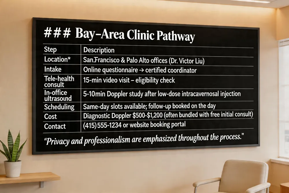 ### Bay‑Area Clinic Pathway
| Step | Description |
|---|---|
| Location | San Francisco & Palo Alto offices (Dr. Victor Liu) |
| Intake | Online questionnaire → certified coordinator |
| Tele‑health consult | 15‑min video visit – eligibility check |
| In‑office ultrasound | 5‑10 min Doppler study after low‑dose intracavernosal injection |
| Scheduling | Same‑day slots available; follow‑up booked on the day |
| Cost | Diagnostic Doppler $500‑$1,200 (often bundled with free initial consult) |
| Contact | (415) 555‑1234 or website booking portal |
Privacy and professionalism are emphasized throughout the process.