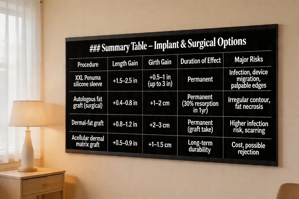 ### Summary Table – Implant & Surgical Options
| Procedure | Length Gain | Girth Gain | Typical Duration of Effect | Major Risks |
|---|---|---|---|---|
| XXL Penuma silicone sleeve | +1.5–2.5 in | +0.5–1 in (up to 3 in possible) | Permanent (device stays) | Infection, device migration, palpable edges |
| Autologous fat graft (surgical) | +0.4–0.8 in | +1–2 cm | Permanent if graft survives; up to 30 % resorption in 1 yr | Irregular contour, fat necrosis |
| Dermal‑fat graft | +0.8–1.2 in | +2–3 cm | Permanent (subject to graft take) | Higher infection risk, scarring |
| Acellular dermal matrix graft | +0.5–0.9 in | +1–1.5 cm | Long‑term durability | Cost, possible rejection |
