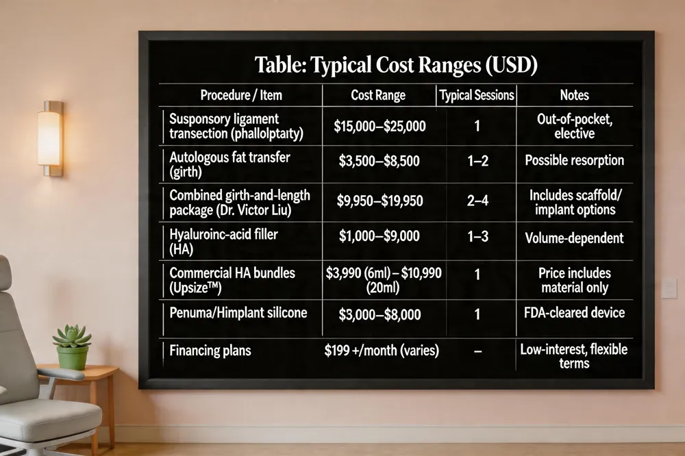 Table: Typical Cost Ranges (USD)
| Procedure / Item | Cost Range | Typical Sessions | Notes |
|---|---|---|---|
| Suspensory ligament transection (phalloplasty) | $15,000–$25,000 | 1 | Out‑of‑pocket, elective |
| Autologous fat transfer (girth) | $3,500–$8,500 | 1–2 | Possible resorption |
| Combined girth‑and‑length package (Dr. Victor Liu) | $9,950–$19,950 | 2–4 | Includes scaffold/implant options |
| Hyaluronic‑acid filler (HA) | $1,000–$9,000 | 1–3 | Volume‑dependent |
| Commercial HA bundles (Upsize™) | $3,990 (6 ml) – $10,990 (20 ml) | 1 | Price includes material only |
| Penuma/Himplant silicone sleeve | $5,000–$8,000 | 1 | FDA‑cleared device |
| Financing plans | $199 +/month (varies) | – | Low‑interest, flexible terms |

