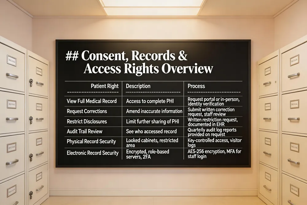 ### Consent, Records & Access Rights Overview
| Patient Right | Description | Process |
|---|---|---|
| View Full Medical Record | Access to complete PHI | Request portal or in‑person, identity verification |
| Request Corrections | Amend inaccurate information | Submit written correction request, staff review |
| Restrict Disclosures | Limit further sharing of PHI | Written restriction request, documented in EHR |
| Audit Trail Review | See who accessed record | Quarterly audit log reports provided on request |
| Physical Record Security | Locked cabinets, restricted area | Key‑controlled access, visitor logs |
| Electronic Record Security | Encrypted, role‑based servers, 2FA | AES‑256 encryption, MFA for staff login |
