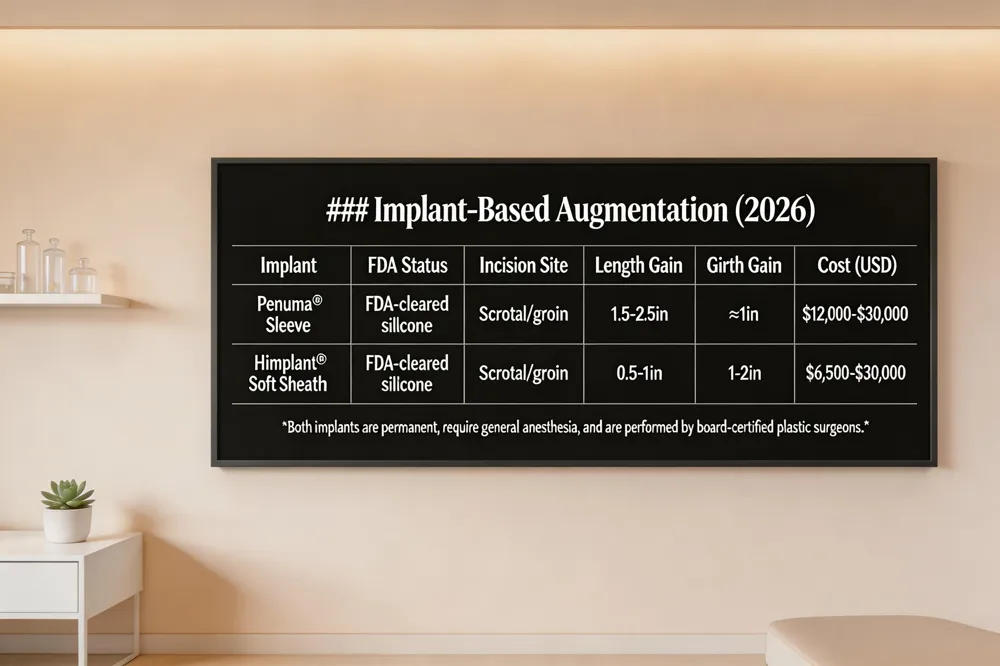 ### Implant‑Based Augmentation (2026)
| Implant | FDA Status | Incision Site | Length Gain | Girth Gain | Cost (USD) |
|---|---|---|---|---|---|
| Penuma® Sleeve | FDA‑cleared silicone device | Scrotal or groin (sub‑dartos) | 1.5‑2.5 in (3.8‑6.4 cm) | ≈1 in (2.5 cm) | $12,000‑$30,000 |
| Himplant® Soft Sheath | FDA‑cleared silicone device | Scrotal or groin (sub‑dartos) | 0.5‑1 in (1.3‑2.5 cm) | 1‑2 in (2.5‑5 cm) | $6,500‑$30,000 |
Both implants are permanent, require general anesthesia, and are performed by board‑certified plastic surgeons.