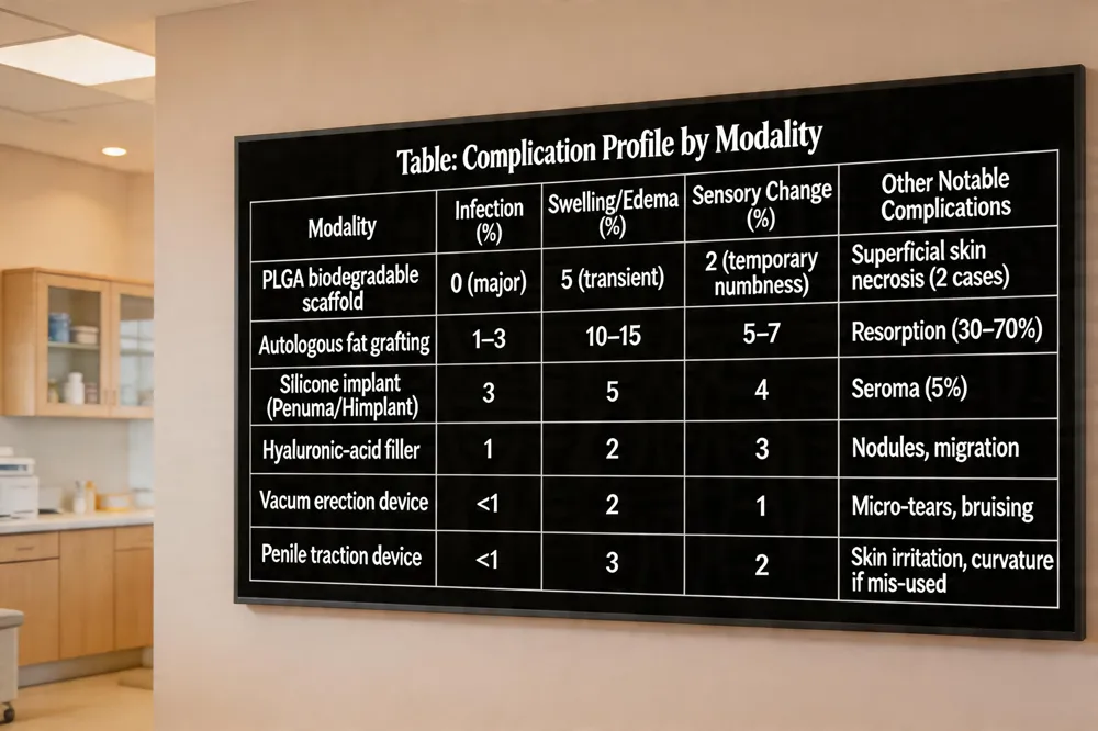 Table: Complication Profile by Modality
| Modality | Infection (%) | Swelling/Edema (%) | Sensory Change (%) | Other Notable Complications |
|---|---|---|---|---|
| PLGA biodegradable scaffold | 0 (major) | 5 (transient) | 2 (temporary numbness) | Superficial skin necrosis (2 cases) |
| Autologous fat grafting | 1–3 | 10–15 | 5–7 | Resorption (30–70 %) |
| Silicone implant (Penuma/Himplant) | 3 | 5 | 4 | Seroma (5 %) |
| Hyaluronic‑acid filler | 1 | 2 | 3 | Nodules, migration |
| Vacuum erection device | <1 | 2 | 1 | Micro‑tears, bruising |
| Penile traction device | <1 | 3 | 2 | Skin irritation, curvature if mis‑used |
