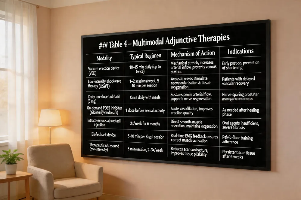 ### Table 4 – Multimodal Adjunctive Therapies
| Modality | Typical Regimen | Mechanism of Action | Indications |
|---|---|---|---|
| Vacuum erection device (VED) | 10–15 min daily (up to twice) | Mechanical stretch, increases arterial inflow, prevents venous stasis | Early post‑op, prevention of shortening |
| Low‑intensity shockwave therapy (LiSWT) | 1–2 sessions/week, 5–10 min per session | Acoustic waves stimulate neovascularization & tissue oxygenation | Patients with delayed vascular recovery |
| Daily low‑dose tadalafil (5 mg) | Once daily with meals | Sustains penile arterial flow, supports nerve regeneration | Nerve‑sparing prostatectomy, chronic rehab |
| On‑demand PDE5 inhibitor (sildenafil/vardenafil) | 1 dose before sexual activity | Acute vasodilation, improves erection quality | As needed after healing phase |
| Intracavernous alprostadil injection | 2×/week for 6 months | Direct smooth‑muscle relaxation, maintains oxygenation | Oral agents insufficient, severe fibrosis |
| Biofeedback device | 5‑10 min per Kegel session | Real‑time EMG feedback ensures correct muscle activation | Pelvic‑floor training adherence |
| Therapeutic ultrasound (low‑intensity) | 5 min/session, 2–3×/week | Reduces scar contracture, improves tissue pliability | Persistent scar tissue after 6 weeks |
