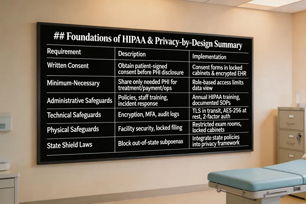 ### Foundations of HIPAA & Privacy‑by‑Design Summary
| Requirement | Description | Implementation |
|---|---|---|
| Written Consent | Obtain patient‑signed consent before any PHI disclosure | Consent forms stored in locked cabinets & encrypted EHR |
| Minimum‑Necessary | Share only the PHI needed for treatment, payment, or ops | Role‑based access controls limit data view |
| Administrative Safeguards | Policies, staff training, incident response | Annual HIPAA training, documented SOPs |
| Technical Safeguards | Encryption, MFA, audit logs | TLS for data in transit, AES‑256 at rest, two‑factor auth |
| Physical Safeguards | Facility security, locked filing | Restricted‑area exam rooms, locked cabinets |
| State Shield Laws | Block out‑of‑state subpoenas, limit law‑enforcement access | Integrate state‑level policies into privacy framework |
