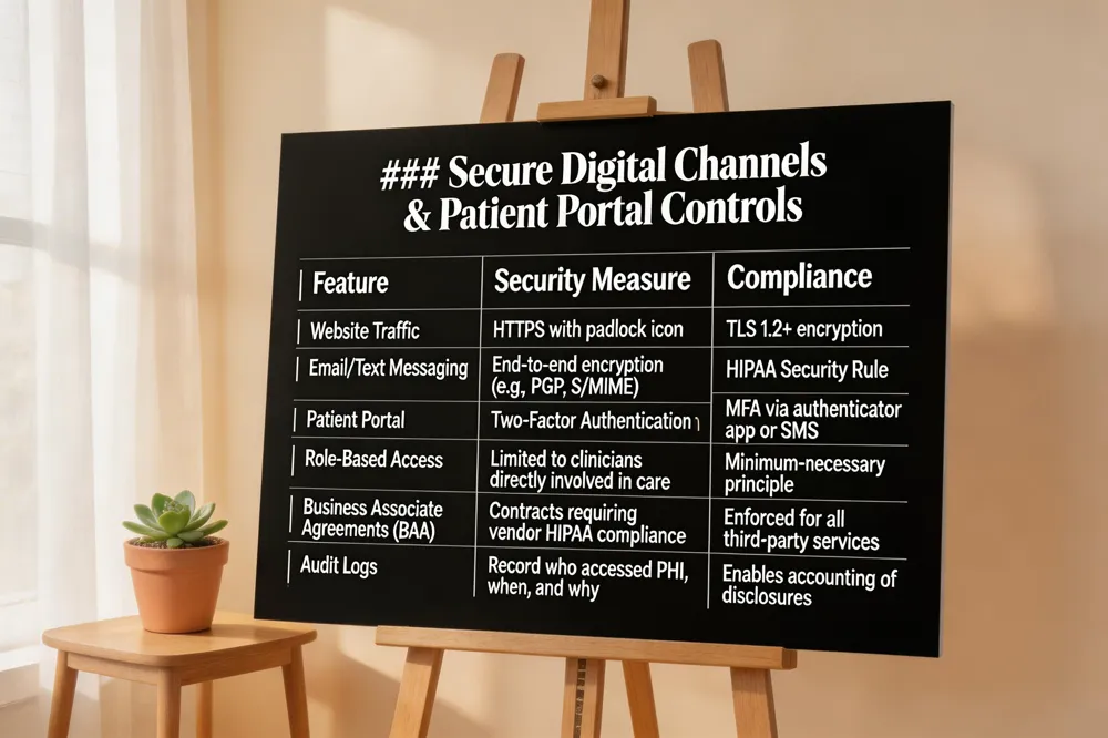 ### Secure Digital Channels & Patient Portal Controls
| Feature | Security Measure | Compliance |
|---|---|---|
| Website Traffic | HTTPS with padlock icon | TLS 1.2+ encryption |
| Email/Text Messaging | End‑to‑end encryption (e.g., PGP, S/MIME) | HIPAA Security Rule |
| Patient Portal | Two‑Factor Authentication (2FA) | MFA via authenticator app or SMS |
| Role‑Based Access | Limited to clinicians directly involved in care | Minimum‑necessary principle |
| Business Associate Agreements (BAA) | Contracts requiring vendor HIPAA compliance | Enforced for all third‑party services |
| Audit Logs | Record who accessed PHI, when, and why | Enables accounting of disclosures |

