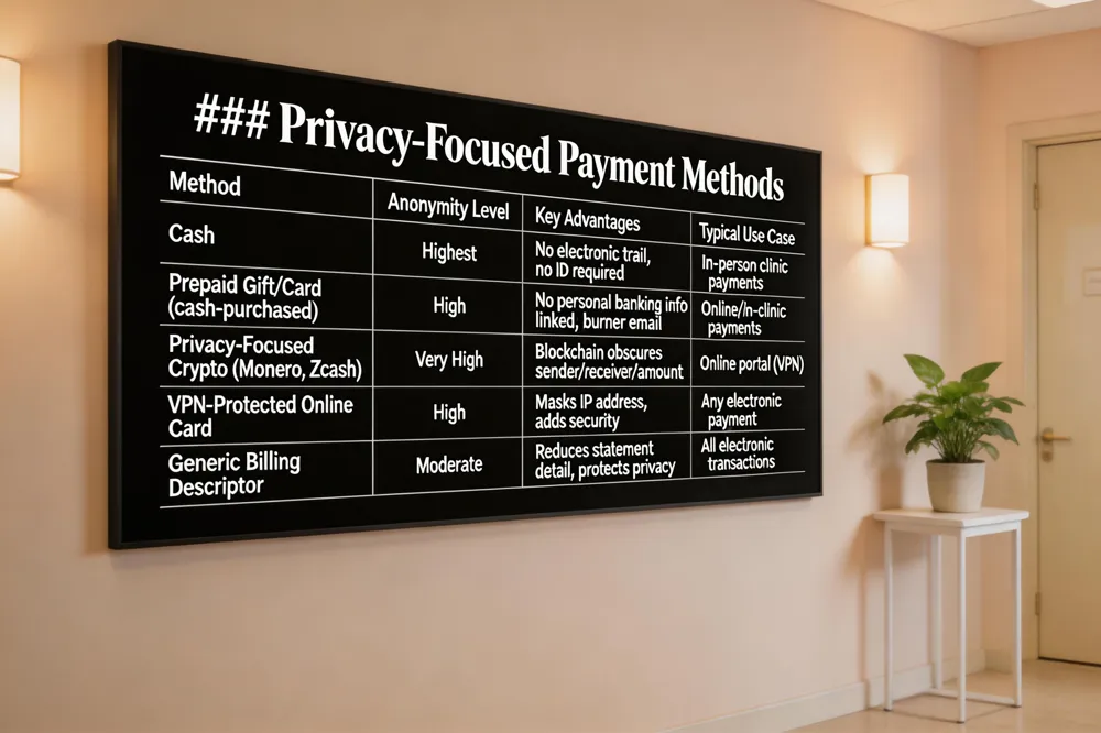 ### Privacy‑Focused Payment Methods
| Method | Anonymity Level | Key Advantages | Typical Use Case |
|---|---|---|---|
| Cash | Highest | No electronic trail, no ID required | In‑person payments at clinic |
| Prepaid Gift/Card (cash‑purchased) | High | No personal banking info linked; can be registered with burner email | Online or in‑clinic payments |
| Privacy‑Focused Crypto (Monero, Zcash) | Very High | Blockchain obscures sender, receiver, amount | Online portal payments with VPN |
| VPN‑Protected Online Card | High | Masks IP address, adds layer of security | Any electronic payment method |
| Generic Billing Descriptor (e.g., “medical services”) | Moderate | Reduces detail on statements, protects privacy | All electronic transactions |

