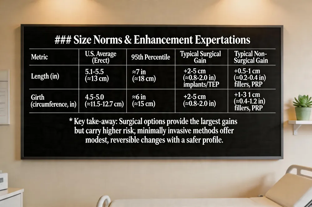 ### Size Norms & Enhancement Expectations
| Metric | U.S. Average (Erect) | 95th Percentile | Typical Surgical Gain | Typical Non‑Surgical Gain |
|---|---|---|---|---|
| Length (in) | 5.1‑5.5 (≈13 cm) | ≈7 in (≈18 cm) | +2‑5 cm (≈0.8‑2.0 in) with implants/TEP | +0.5‑1 cm (≈0.2‑0.4 in) with fillers, PRP |
| Girth (circumference, in) | 4.5‑5.0 (≈11.5‑12.7 cm) | ≈6 in (≈15 cm) | +2‑5 cm (≈0.8‑2.0 in) | +1‑3 cm (≈0.4‑1.2 in) with fillers, PRP |
Key take‑away: Surgical options provide the largest gains but carry higher risk; minimally invasive methods offer modest, reversible changes with a safer profile.