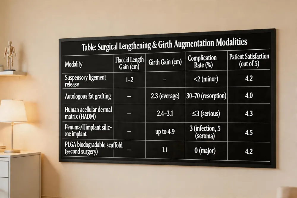 Table: Surgical Lengthening & Girth Augmentation Modalities
| Modality | Flaccid Length Gain (cm) | Girth Gain (cm) | Complication Rate (%) | Patient Satisfaction (out of 5) |
|---|---|---|---|---|
| Suspensory ligament release | 1–2 | – | <2 (minor) | 4.2 |
| Autologous fat grafting | – | 2.3 (average) | 30–70 (resorption) | 4.0 |
| Human acellular dermal matrix (HADM) | – | 2.4–3.1 | ≤3 (serious) | 4.3 |
| Penuma/Himplant silicone implant | – | up to 4.9 | 3 (infection), 5 (seroma) | 4.5 |
| PLGA biodegradable scaffold (second surgery) | – | 1.1 | 0 (major) | 4.2 |
