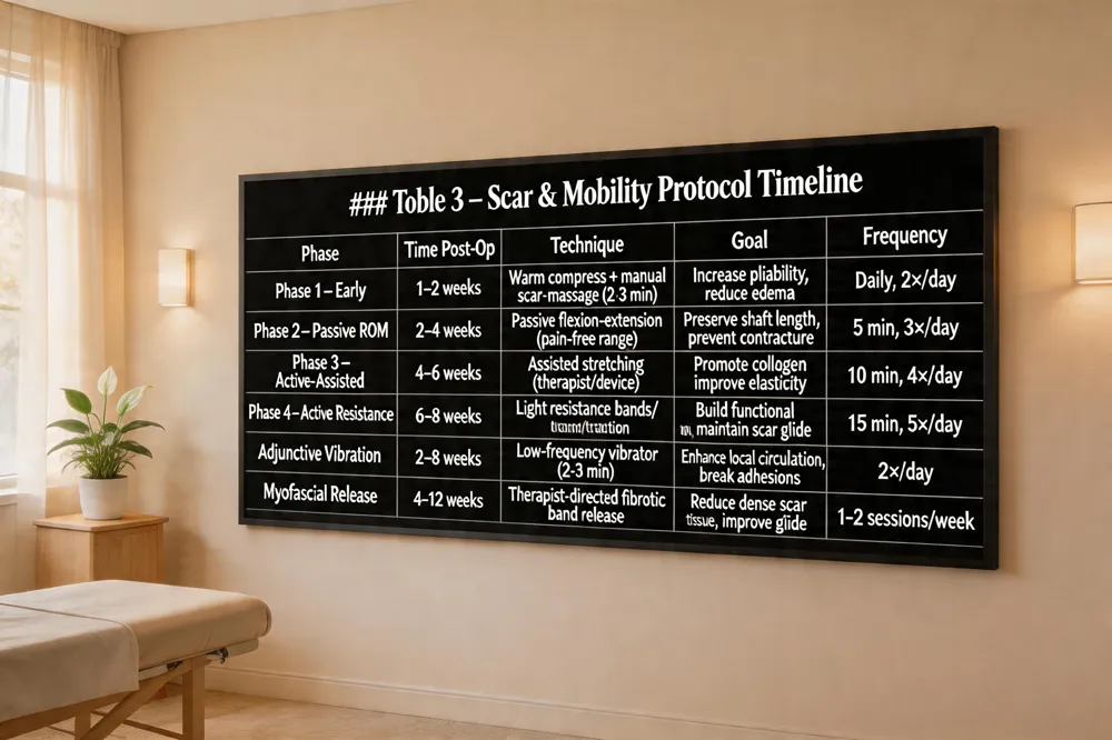 ### Table 3 – Scar & Mobility Protocol Timeline
| Phase | Time Post‑Op | Technique | Goal | Frequency |
|---|---|---|---|---|
| Phase 1 – Early | 1–2 weeks | Warm compress manual scar‑massage (2‑3 min) | Increase pliability, reduce edema | Daily, 2×/day |
| Phase 2 – Passive ROM | 2–4 weeks | Passive flexion‑extension within pain‑free range | Preserve shaft length, prevent contracture | 5 min, 3×/day |
| Phase 3 – Active‑Assisted | 4–6 weeks | Assisted stretching with therapist or device | Promote collagen alignment, improve elasticity | 10 min, 4×/day |
| Phase 4 – Active Stretching with Resistance | 6–8 weeks | Light resistance bands or manual traction | Build functional length, maintain scar glide | 15 min, 5×/day |
| Adjunctive Vibration | 2–8 weeks | Low‑frequency handheld vibrator (2‑3 min) | Enhance local circulation, break adhesions | 2 ×/day |
| Myofascial Release | 4–12 weeks | Therapist‑directed release of fibrotic bands | Reduce dense scar tissue, improve glide | 1‑2 sessions/week |
