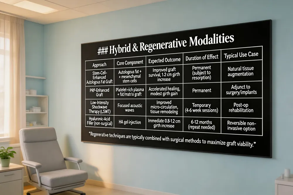 ### Hybrid & Regenerative Modalities
| Approach | Core Component | Expected Outcome | Duration of Effect | Typical Use Case |
|---|---|---|---|---|
| Stem‑Cell‑Enhanced Autologous Fat Graft | Autologous fat + mesenchymal stem cells | Improved graft survival, 1‑2 cm girth increase | Permanent (subject to resorption) | Patients seeking natural tissue augmentation |
| PRP‑Enhanced Graft | Platelet‑rich plasma + fat or matrix graft | Accelerated healing, reduced edema, modest girth gain | Permanent | Adjunct to ligament release or implant placement |
| Low‑Intensity Shockwave Therapy (LiSWT) | Focused acoustic waves | Improved micro‑circulation, enhanced tissue remodeling | Temporary (sessions over 4‑6 weeks) | Post‑operative rehabilitation, adjunct to grafts |
| Hyaluronic‑Acid Filler (non‑surgical) | HA gel injection | Immediate 0.8‑1.2 cm girth increase | 6‑12 months (repeat needed) | Patients preferring reversible, non‑invasive option |
Regenerative techniques are typically combined with surgical methods to maximize graft viability.