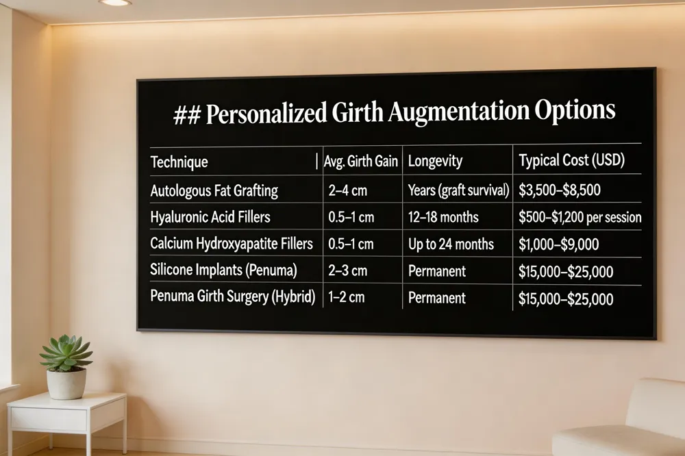 ### Personalized Girth Augmentation Options
| Technique | Avg. Girth Gain | Longevity | Typical Cost (USD) |
|---|---|---|---|
| Autologous Fat Grafting | 2–4 cm (variable) | Years (depends on graft survival) | $3,500–$8,500 |
| Hyaluronic Acid Fillers | 0.5–1 cm | 12–18 months | $500–$1,200 per session |
| Calcium Hydroxyapatite Fillers | 0.5–1 cm | Up to 24 months | $1,000–$9,000 |
| Silicone Implants (Penuma) | 2–3 cm (≈1 in) | Permanent | $15,000–$25,000 (incl. surgery) |
| Penuma Girth Surgery (Hybrid) | 1–2 cm | Permanent | $15,000–$25,000 |
