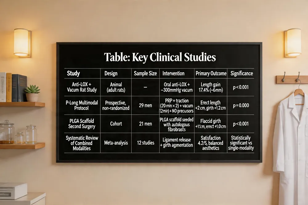 Table: Key Clinical Studies
| Study | Design | Sample Size | Intervention | Primary Outcome | Significance |
|---|---|---|---|---|---|
| Anti‑LOX + Vacuum Rat Study | Animal (adult rats) | – | Oral anti‑LOX + –300 mmHg vacuum | Length gain 17.4 % (~6 mm) | p < 0.001 |
| P‑Long Multimodal Protocol | Prospective, non‑randomized | 29 men | PRP + traction (20 min × 2) + vacuum (12 min) + NO precursors | Erect length +2 cm, girth +1.2 cm | p = 0.000 |
| PLGA Scaffold Second Surgery | Cohort | 21 men | PLGA scaffold seeded with autologous fibroblasts | Flaccid girth +1.1 cm, erect +1.0 cm | p < 0.001 |
| Systematic Review of Combined Modalities | Meta‑analysis | 12 studies | Ligament release + girth augmentation | Satisfaction 4.2/5, balanced aesthetics | Statistically significant vs single‑modality |
