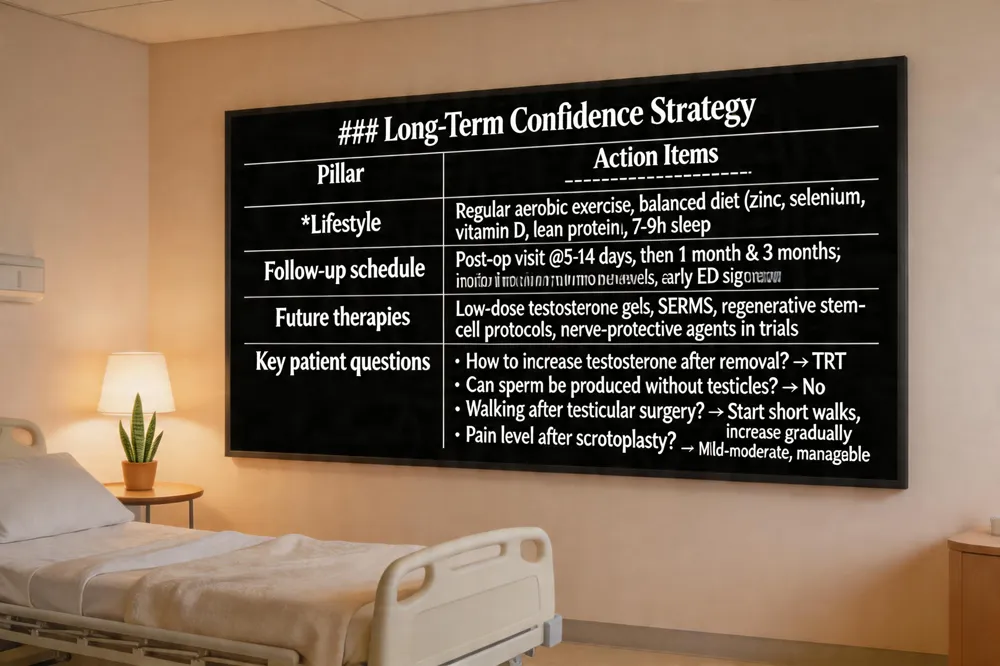 ### Long‑Term Confidence Strategy
| Pillar | Action Items |
|---|---|
| Lifestyle | Regular aerobic exercise, balanced diet (zinc, selenium, vitamin D, lean protein), 7‑9 h sleep |
| Follow‑up schedule | Post‑op visit @5‑14 days, then 1 month & 3 months; monitor incision, hormone levels, early ED signs |
| Future therapies | Low‑dose testosterone gels, SERMs, regenerative stem‑cell protocols, nerve‑protective agents in trials |
| Key patient questions | • How to increase testosterone after removal? → TRT<br>• Can sperm be produced without testicles? → No<br>• Walking after testicular surgery? → Start short walks, increase gradually<br>• Pain level after scrotoplasty? → Mild‑moderate, manageable |
