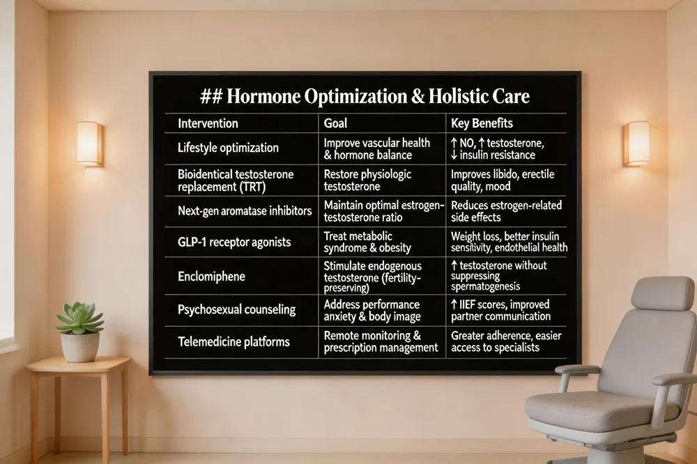 ### Hormone Optimization & Holistic Care
| Intervention | Goal | Key Benefits |
|---|---|---|
| Lifestyle optimization | Improve vascular health & hormone balance | ↑ NO, ↑ testosterone, ↓ insulin resistance |
| Bioidentical testosterone replacement (TRT) | Restore physiologic testosterone | Improves libido, erectile quality, mood |
| Next‑gen aromatase inhibitors | Maintain optimal estrogen‑testosterone ratio | Reduces estrogen‑related side effects |
| GLP‑1 receptor agonists | Treat metabolic syndrome & obesity | Weight loss, better insulin sensitivity, endothelial health |
| Enclomiphene | Stimulate endogenous testosterone (fertility‑preserving) | ↑ testosterone without suppressing spermatogenesis |
| Psychosexual counseling | Address performance anxiety & body image | ↑ IIEF scores, improved partner communication |
| Telemedicine platforms | Remote monitoring & prescription management | Greater adherence, easier access to specialists |
