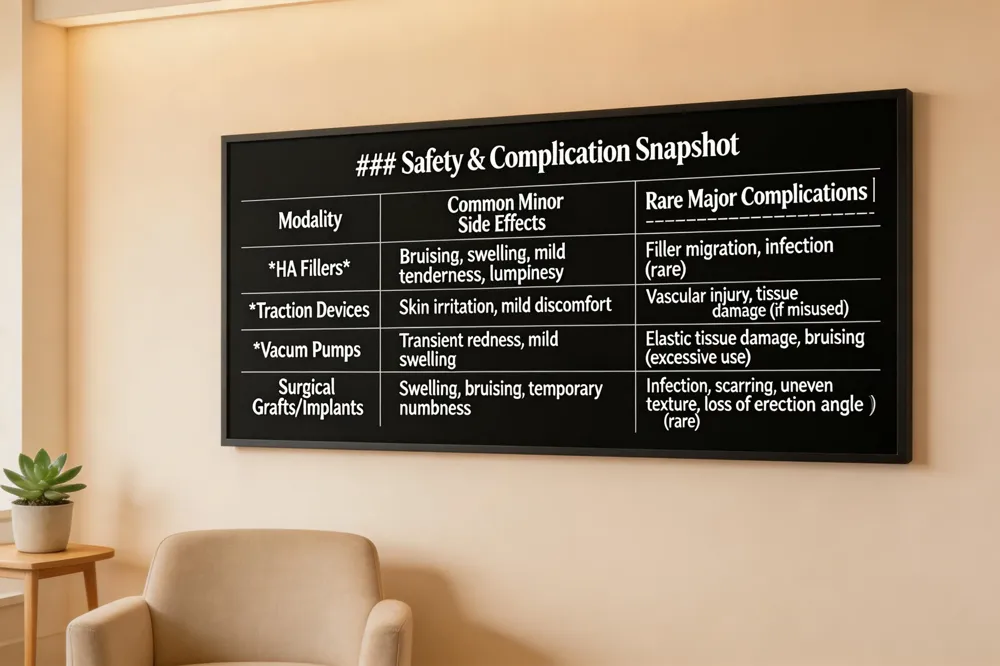 ### Safety & Complication Snapshot
| Modality | Common Minor Side Effects | Rare Major Complications |
|---|---|---|
| HA Fillers | Bruising, swelling, mild tenderness, lumpiness | Filler migration, infection (rare) |
| Traction Devices | Skin irritation, mild discomfort | Vascular injury, tissue damage (if misused) |
| Vacuum Pumps | Transient redness, mild swelling | Elastic tissue damage, bruising (excessive use) |
| Surgical Grafts/Implants | Swelling, bruising, temporary numbness | Infection, scarring, uneven texture, loss of erection angle (rare) |
