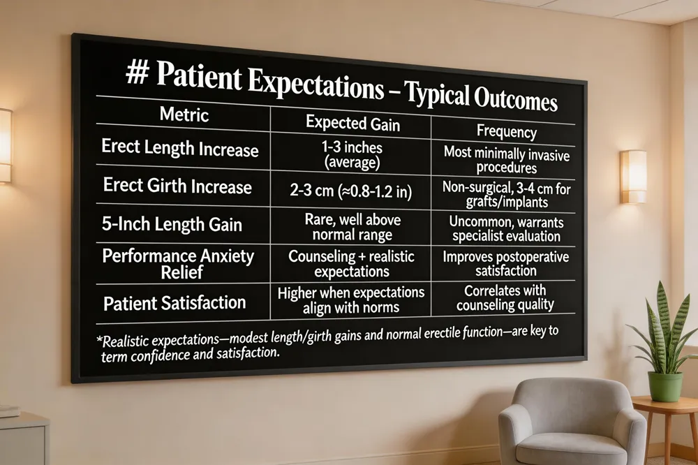 ## Patient Expectations – Typical Outcomes
| Metric | Expected Gain | Frequency |
|---|---|---|
| Erect Length Increase | 1‑3 inches (average) | Most minimally invasive procedures |
| Erect Girth Increase | 2‑3 cm (≈0.8‑1.2 in) | Non‑surgical; 3‑4 cm for grafts/implants |
| 5‑Inch Length Gain | Rare, well above normal range | Uncommon; warrants specialist evaluation |
| Performance Anxiety Relief | Achieved through counseling + realistic expectations | Improves postoperative satisfaction |
| Patient Satisfaction | Higher when expectations align with statistical norms and cultural myths are addressed | Correlates with counseling quality |
Realistic expectations—modest length/girth gains and normal erectile function—are key to long‑term confidence and satisfaction.