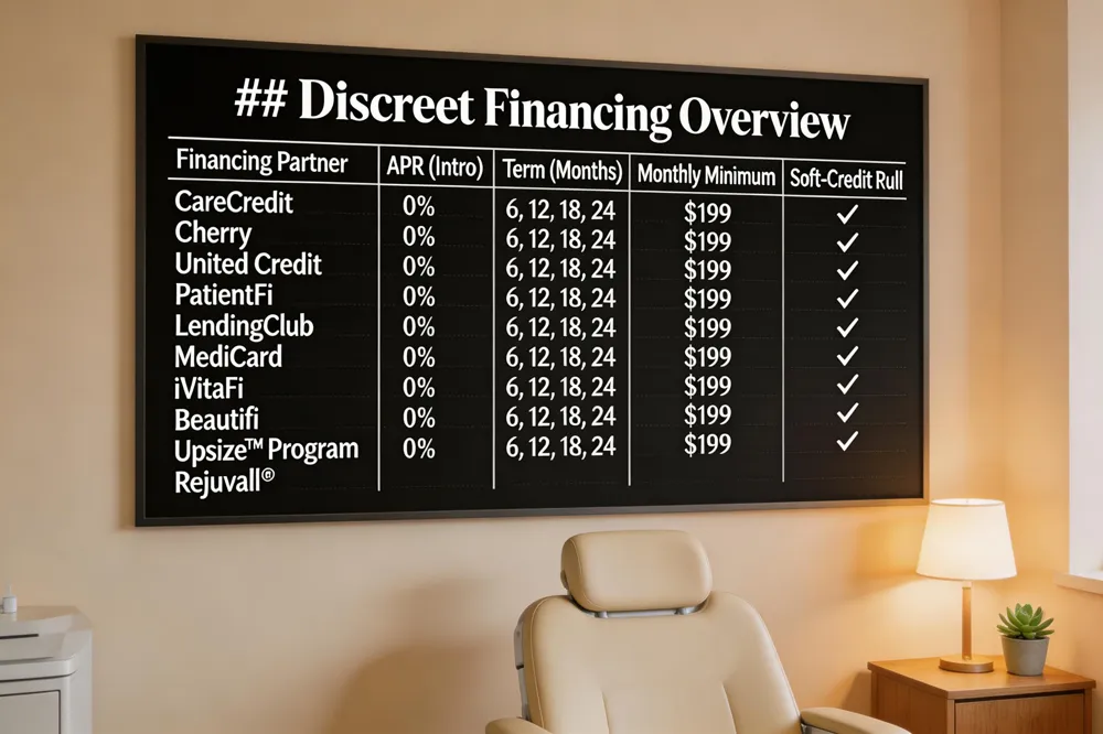 ### Discreet Financing Overview
| Financing Partner | APR (Intro) | Term (Months) | Monthly Minimum | Soft‑Credit Pull |
|---|---|---|---|---|
| CareCredit | 0 % | 6, 12, 18, 24 | $199 | ✅ |
| Cherry | 0 % | 6, 12, 18, 24 | $199 | ✅ |
| United Credit | 0 % | 6, 12, 18, 24 | $199 | ✅ |
| PatientFi | 0 % | 6, 12, 18, 24 | $199 | ✅ |
| LendingClub | 0 % | 6, 12, 18, 24 | $199 | ✅ |
| MediCard | 0 % | 6, 12, 18, 24 | $199 | ✅ |
| iVitaFi | 0 % | 6, 12, 18, 24 | $199 | ✅ |
| Beautifi | 0 % | 6, 12, 18, 24 | $199 | ✅ |
| Upsize™ Program | 0 % | 6, 12, 18, 24 | $199 | ✅ |
| Rejuvall® | 0 % | 6, 12, 18, 24 | $199 | ✅ |