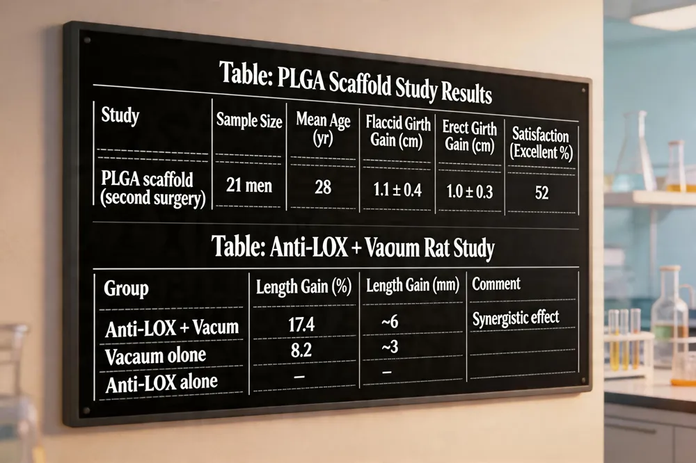 Table: PLGA Scaffold Study Results
| Study | Sample Size | Mean Age (yr) | Flaccid Girth Gain (cm) | Erect Girth Gain (cm) | Satisfaction (Excellent %) |
|---|---|---|---|---|---|
| PLGA scaffold (second surgery) | 21 men | 28 | 1.1 ± 0.4 | 1.0 ± 0.3 | 52 |
Table: Anti‑LOX + Vacuum Rat Study
| Group | Length Gain (%) | Length Gain (mm) | Comment |
|---|---|---|---|
| Anti‑LOX + Vacuum | 17.4 | ~6 | Synergistic effect |
| Vacuum alone | 8.2 | ~3 | |
| Anti‑LOX alone | – | – |
