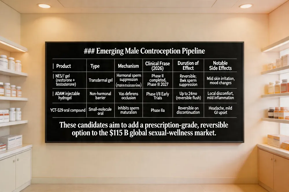 ### Emerging Male Contraception Pipeline
| Product | Type | Mechanism | Clinical Phase (as of 2026) | Duration of Effect | Notable Side Effects | |---------|------|-----------|----------------------------|--------------------|----------------------| | NES/T gel (nestorone + testosterone) | Transdermal gel | Hormonal suppression of spermatogenesis while maintaining systemic testosterone | Phase II completed; Phase III planned for 2027 | Reversible; sperm suppression within 8 weeks | Mild skin irritation, transient mood changes | | ADAM injectable hydrogel | Non‑hormonal barrier | Physical occlusion of vas deferens (Vasalgel‑derived) | Early human trials (Phase I/II) | Up to 24 months reversible upon flushing | Mild local discomfort, occasional mild inflammation | | YCT‑529 oral compound | Small‑molecule oral | Inhibits sperm maturation pathways | Phase IIa | Expected reversible after discontinuation (weeks‑months | | Headache, mild gastrointestinal upset (reported) |
These candidates aim to add a prescription‑grade, reversible option to the $115 B global sexual‑wellness market.