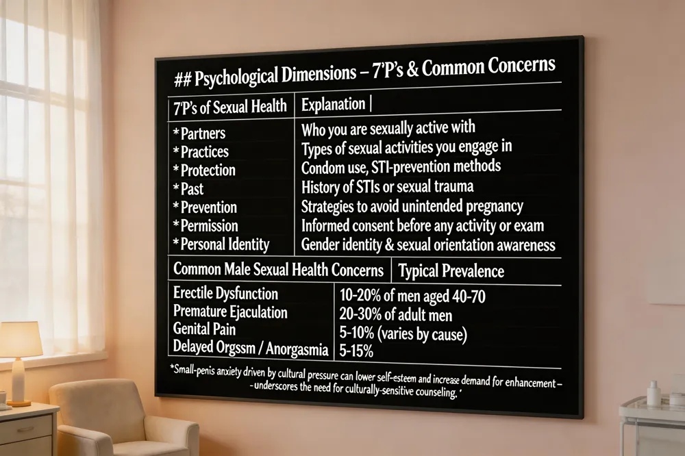 ## Psychological Dimensions – 7 P’s & Common Concerns
| 7 P’s of Sexual Health | Explanation |
|---|---|
| Partners | Who you are sexually active with |
| Practices | Types of sexual activities you engage in |
| Protection | Condom use, STI‑prevention methods |
| Past | History of STIs or sexual trauma |
| Prevention | Strategies to avoid unintended pregnancy |
| Permission | Informed consent before any activity or exam |
| Personal Identity | Gender identity & sexual orientation awareness |
| Common Male Sexual Health Concerns | Typical Prevalence |
|---|---|
| Erectile Dysfunction | 10‑20 % of men aged 40‑70 |
| Premature Ejaculation | 20‑30 % of adult men |
| Genital Pain | 5‑10 % (varies by cause) |
| Delayed Orgasm / Anorgasmia | 5‑15 % |
Small‑penis anxiety driven by cultural pressure can lower self‑esteem and increase demand for enhancement – underscores the need for culturally‑sensitive counseling.