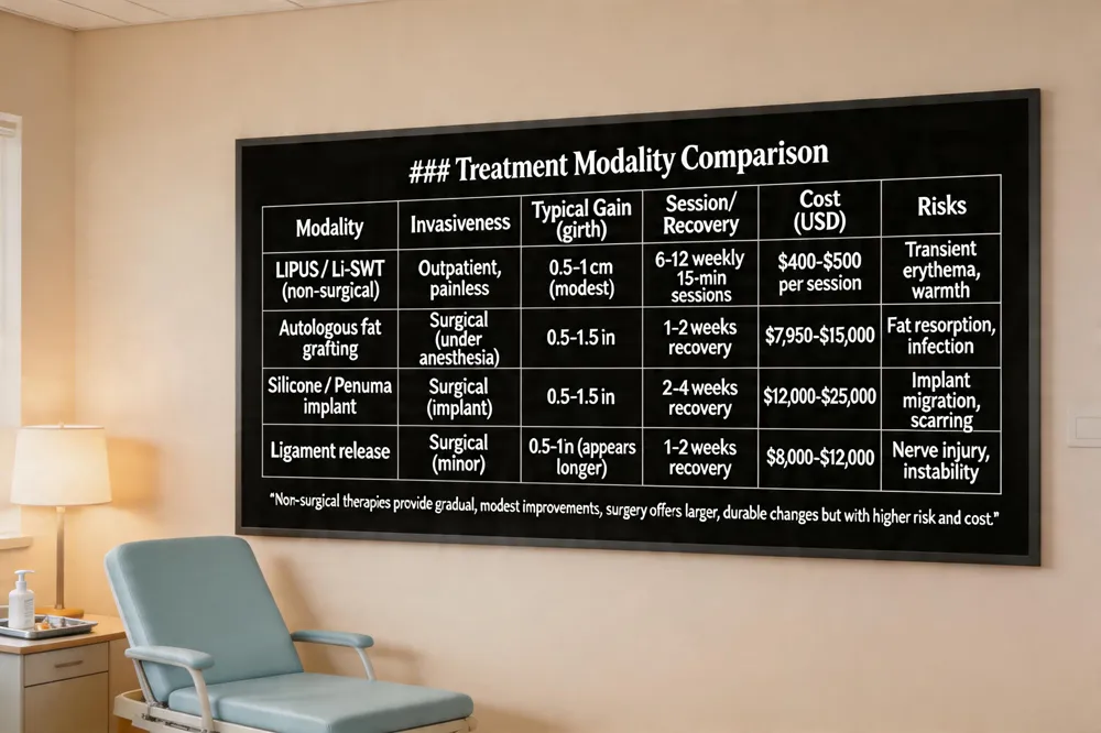 ### Treatment Modality Comparison
| Modality | Invasiveness | Typical Gain (girth) | Session/Recovery | Cost (USD) | Risks |
|---|---|---|---|---|---|
| LIPUS / Li‑SWT (non‑surgical) | Outpatient, painless | 0.5‑1 cm (modest) | 6‑12 weekly 15‑min sessions | $400‑$500 per session | Transient erythema, warmth |
| Autologous fat grafting | Surgical (under anesthesia) | 0.5‑1.5 in | 1‑2 weeks recovery | $7,950‑$15,000 | Fat resorption, infection |
| Silicone / Penuma implant | Surgical (implant) | 0.5‑1.5 in | 2‑4 weeks recovery | $12,000‑$25,000 | Implant migration, scarring |
| Ligament release | Surgical (minor) | 0.5‑1 in (appears longer) | 1‑2 weeks recovery | $8,000‑$12,000 | Nerve injury, instability |
Non‑surgical therapies provide gradual, modest improvements; surgery offers larger, durable changes but with higher risk and cost.