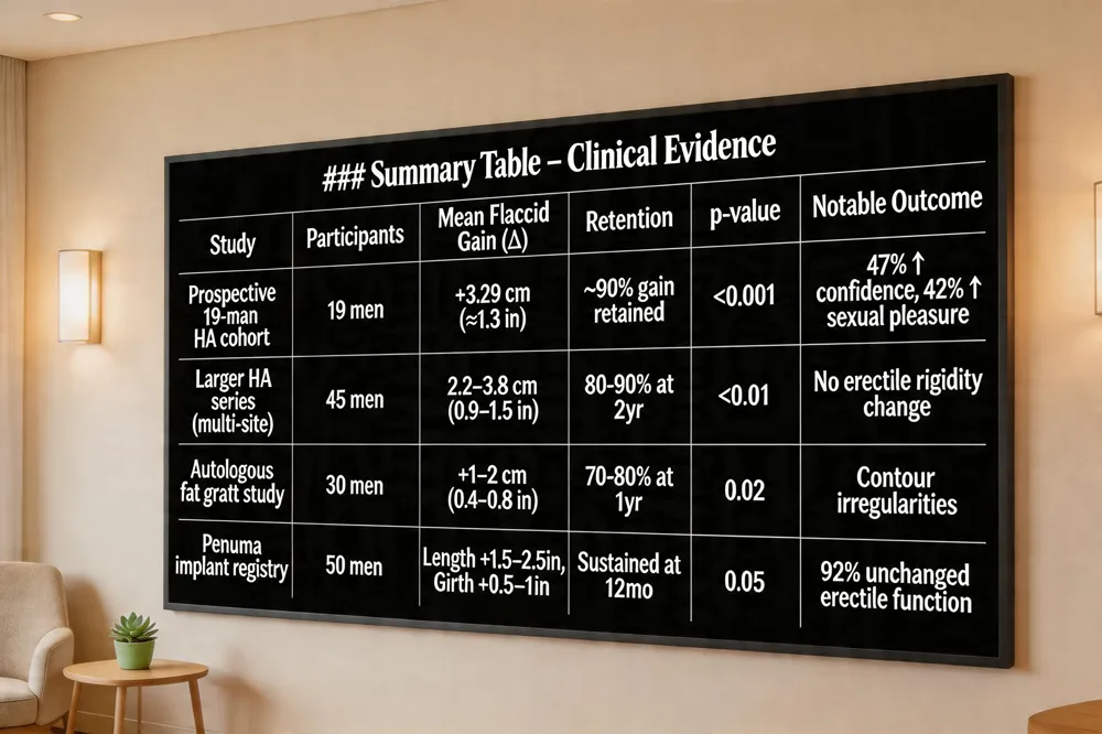 ### Summary Table – Clinical Evidence
| Study | Participants | Mean Flaccid Gain (Δ) | Retention at 4 yr | p‑value | Notable Outcome |
|---|---|---|---|---|---|
| Prospective 19‑man HA cohort | 19 men | +3.29 cm (≈1.3 in) | ~90 % of gain retained after settling | <0.001 | 47 % ↑ self‑confidence, 42 % ↑ sexual pleasure |
| Larger HA series (multiple sites) | 45 men (average) | 2.2–3.8 cm (≈0.9–1.5 in) | 80‑90 % at 2 yr | <0.01 | No change in erectile rigidity |
| Autologous fat graft study | 30 men | +1–2 cm (≈0.4–0.8 in) | 70‑80 % at 1 yr | 0.02 | Higher incidence of contour irregularities |
| Penuma implant registry | 50 men | Length +1.5–2.5 in, Girth +0.5–1 in | Sustained at 12 mo | 0.05 | Erectile function unchanged in 92 % of cases |
