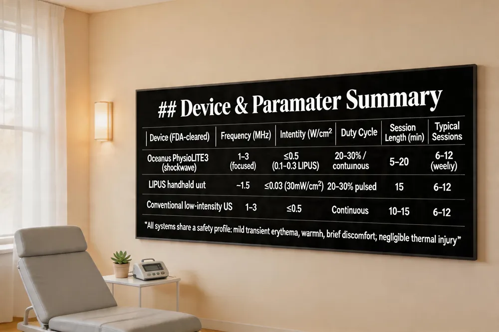 ### Device & Parameter Summary
| Device (FDA‑cleared) | Frequency (MHz) | Intensity (W/cm²) | Duty Cycle | Session Length (min) | Typical Sessions |
|---|---|---|---|---|---|
| Oceanus PhysioLITE 3 (shockwave) | 1–3 (focused) | ≤0.5 (often 0.1–0.3 for LIPUS) | 20‑30 % (pulsed) or continuous | 5‑20 | 6‑12 (weekly) |
| LIPUS handheld unit | ~1.5 | ≤0.03 (30 mW/cm²) | Pulsed (20‑30 %) | 15 | 6‑12 |
| Conventional low‑intensity therapeutic US | 1–3 | ≤0.5 | Continuous low‑intensity | 10‑15 | 6‑12 |
All systems share a safety profile of mild transient erythema, warmth, or brief discomfort with negligible thermal injury.