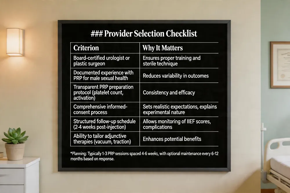 ### Provider Selection Checklist
| Criterion | Why It Matters |
|---|---|
| Board‑certified urologist or plastic surgeon | Ensures proper training and sterile technique |
| Documented experience with PRP for male sexual health | Reduces variability in outcomes |
| Transparent PRP preparation protocol (platelet count, activation) | Consistency and efficacy |
| Comprehensive informed‑consent process | Sets realistic expectations, explains experimental nature |
| Structured follow‑up schedule (2‑4 weeks post‑injection) | Allows monitoring of IIEF scores, complications |
| Ability to tailor adjunctive therapies (vacuum, traction) | Enhances potential benefits |
Planning: Typically 1‑3 PRP sessions spaced 4‑6 weeks, with optional maintenance every 6‑12 months based on response.