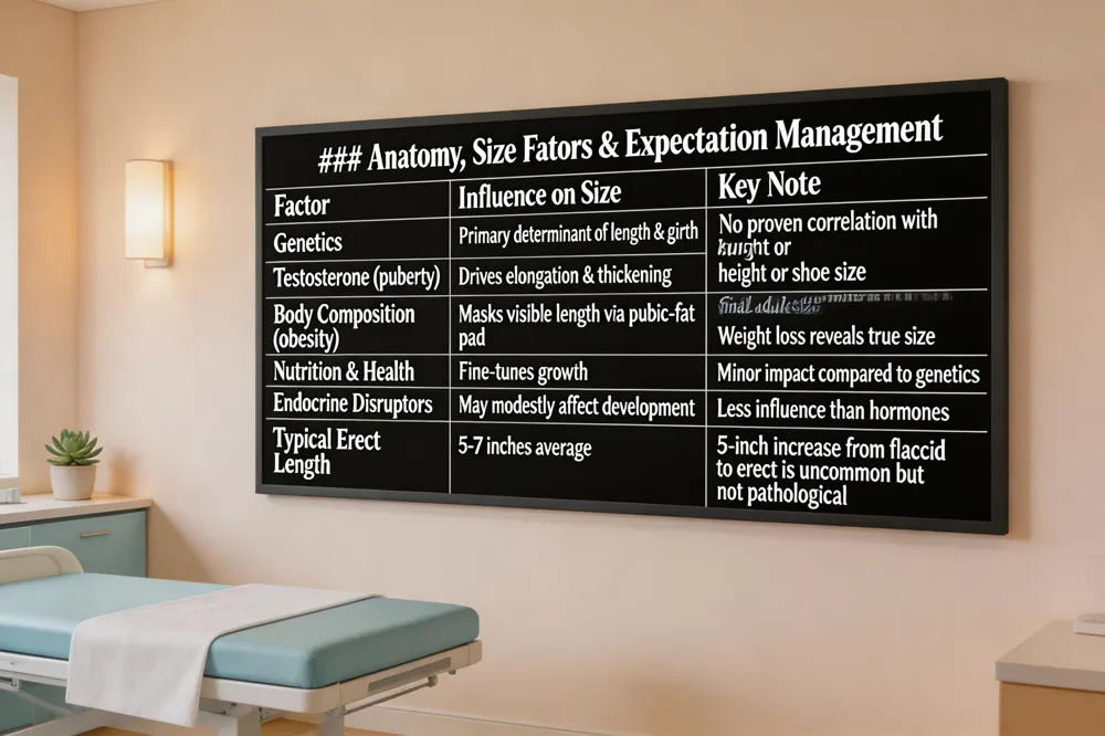 ### Anatomy, Size Factors & Expectation Management
| Factor | Influence on Size | Key Note |
|---|---|---|
| Genetics | Primary determinant of length & girth | No proven correlation with height or shoe size |
| Testosterone (puberty) | Drives elongation & thickening | Surge determines final adult size |
| Body Composition (obesity) | Masks visible length via pubic‑fat pad | Weight loss reveals true size |
| Nutrition & Health | Fine‑tunes growth | Minor impact compared to genetics |
| Endocrine Disruptors | May modestly affect development | Less influence than hormones |
| Typical Erect Length | 5‑7 inches average | 5‑inch increase from flaccid to erect is uncommon but not pathological |
