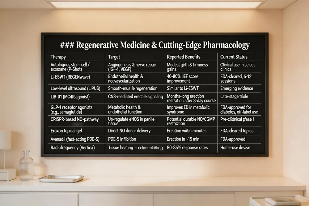 ### Regenerative Medicine & Cutting‑Edge Pharmacology
| Therapy | Target | Reported Benefits | Current Status |
|---|---|---|---|
| Autologous stem‑cell / exosome (P‑Shot) | Angiogenesis & nerve repair (IGF‑1, VEGF) | Modest girth & firmness gains | Clinical use in select clinics |
| Li‑ESWT (REGENwave) | Endothelial health & neovascularization | 40‑80 % IIEF score improvement | FDA‑cleared, 6‑12 sessions |
| Low‑level ultrasound (LIPUS) | Smooth‑muscle regeneration | Similar to Li‑ESWT | Emerging evidence |
| LIB‑01 (MC4R agonist) | CNS‑mediated erectile signaling | Months‑long erection restoration after 3‑day course | Late‑stage trials |
| GLP‑1 receptor agonists (e.g., semaglutide) | Metabolic health & endothelial function | Improves ED in metabolic syndrome | FDA‑approved for diabetes, off‑label use |
| CRISPR‑based NO‑pathway editing | Up‑regulate eNOS in penile tissue | Potential durable NO/cGMP restoration | Pre‑clinical |
phase I | | Eroxon topical gel | Direct NO donor delivery | Erection within minutes | FDA‑cleared topical | | Avanafil (fast‑acting PDE‑5) | PDE‑5 inhibition | Erection in ~15 min | FDA‑approved | | Radiofrequency (Vertica) | Tissue heating → collagen remodeling | 80‑85 % response rates | Home‑use device | 