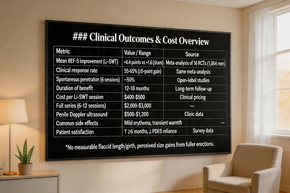 ### Clinical Outcomes & Cost Overview
| Metric | Value / Range | Source |
|---|---|---|
| Mean IIEF‑5 improvement (Li‑SWT) | +6.4 points vs +1.6 (sham) | Meta‑analysis of 16 RCTs (1,064 men) |
| Clinical response rate | 55‑65 % (≥5‑point gain) | Same meta‑analysis |
| Spontaneous penetration after 6 sessions | ~50 % | Open‑label studies |
| Duration of benefit | 12‑18 months (maintenance often once) | Long‑term follow‑up |
| Cost per Li‑SWT session | $400‑$500 | Clinical pricing |
| Full series (6‑12 sessions) cost | $2,000‑$3,000 | — |
| Penile Doppler ultrasound cost | $500‑$1,200 | Clinic data |
| Common side effects | Mild erythema, transient warmth (hours) | — |
| Patient‑reported satisfaction | ↑ for ≥6 months, ↓ PDE5 reliance | Survey data |
No measurable increase in flaccid length or girth; perceived size gains stem from fuller erections.