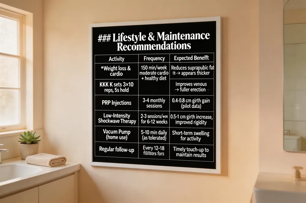 ### Lifestyle & Maintenance Recommendations
| Activity | Frequency | Expected Benefit |
|---|
| Weight loss & cardio | 150 min/week moderate cardio + healthy diet | Reduces suprapubic fat → appears thicker | ** KKK K sets 3 × 10 reps, 5 s hold | Improves venous occlusion → fuller erection | | **PRP Injections | 3‑4 monthly sessions | 0.4‑0.8 cm girth gain (pilot data) | | Low‑Intensity Shockwave Therapy | 2‑3 sessions/week for 6‑12 weeks | 0.5‑1 cm girth increase, improved rigidity | | Vacuum Pump (home use) | 5‑10 min daily (as tolerated) | Short‑term swelling for activity | | Regular follow‑up | Every 12‑18 months for fillers | Timely touch‑up to maintain results | 