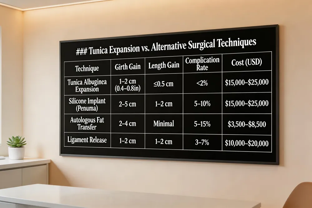 ### Tunica Expansion vs. Alternative Surgical Techniques
| Technique | Girth Gain | Length Gain | Major Complication Rate | Typical Cost (USD) |
|---|---|---|---|---|
| Tunica Albuginea Expansion (graft or thin silicone sheet) | 1–2 cm (0.4–0.8 in) | Minimal (≤0.5 cm) | <2 % | $15,000–$25,000 |
| Silicone Implant (Penuma/Himplant) | 2–5 cm (≈1–2 in) | 1–2 cm (≈0.5–0.8 in) | 5–10 % (seroma, infection) | $15,000–$25,000 |
| Autologous Fat Transfer | 2–4 cm (variable) | Minimal | 5–15 % (resorption, cyst) | $3,500–$8,500 |
| Ligament Release (suspensory ligament cut) | 1–2 cm (≈0.5–0.8 in) | 1–2 cm (≈0.5–0.8 in) | 3–7 % (instability, curvature) | $10,000–$20,000 |
