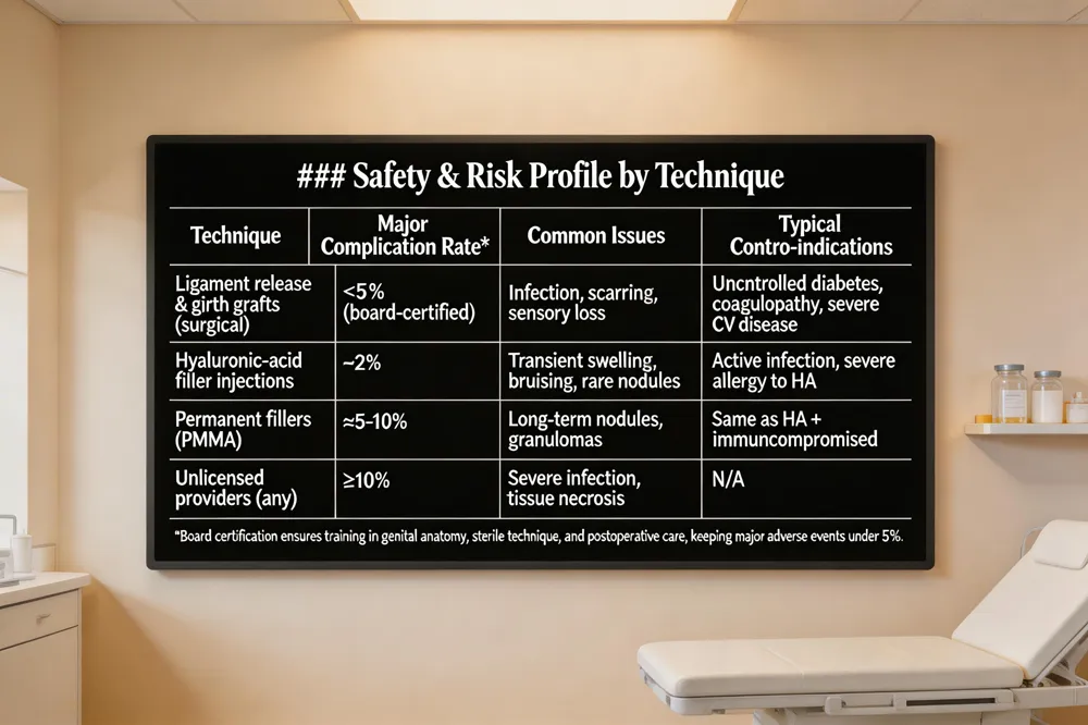 ### Safety & Risk Profile by Technique
| Technique | Major Complication Rate* | Common Issues | Typical Contra‑indications |
|---|---|---|---|
| Ligament release & girth grafts (surgical) | < 5 % (board‑certified) | Infection, scarring, sensory loss | Uncontrolled diabetes, coagulopathy, severe CV disease |
| Hyaluronic‑acid filler injections | ~2 % | Transient swelling, bruising, rare nodules | Active infection, severe allergy to HA |
| Permanent fillers (PMMA) | Higher (≈5‑10 %) | Long‑term nodules, granulomas | Same as HA + immunocompromised |
| Unlicensed providers (any) | Significantly higher (≥10 %) | Severe infection, tissue necrosis | N/A |
Board certification ensures training in genital anatomy, sterile technique, and postoperative care, keeping major adverse events under 5 %.