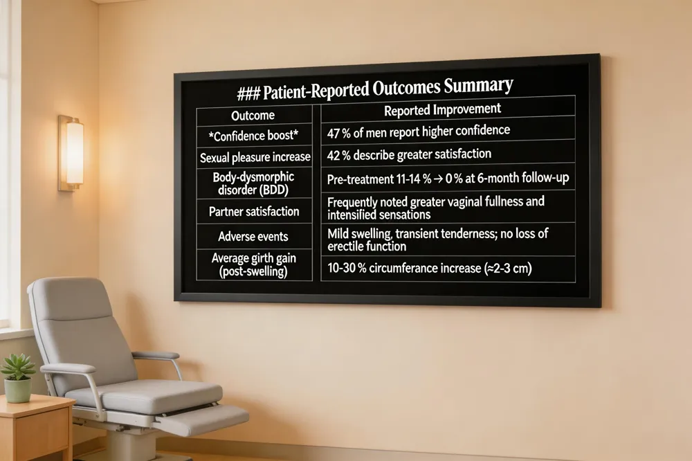 ### Patient‑Reported Outcomes Summary
| Outcome | Reported Improvement | |||----------------------| | Confidence boost | 47 % of men report higher confidence | | Sexual pleasure increase | 42 % describe greater satisfaction | | Body‑dysmorphic disorder (BDD) | Pre‑treatment 11‑14 % → 0 % at 6‑month follow‑up | | Partner satisfaction | Frequently noted greater vaginal fullness and intensified sensations | | Adverse events | Mild swelling, transient tenderness; no loss of erectile function | | Average girth gain (post‑swelling) | 10‑30 % circumference increase (≈2‑3 cm) | 
