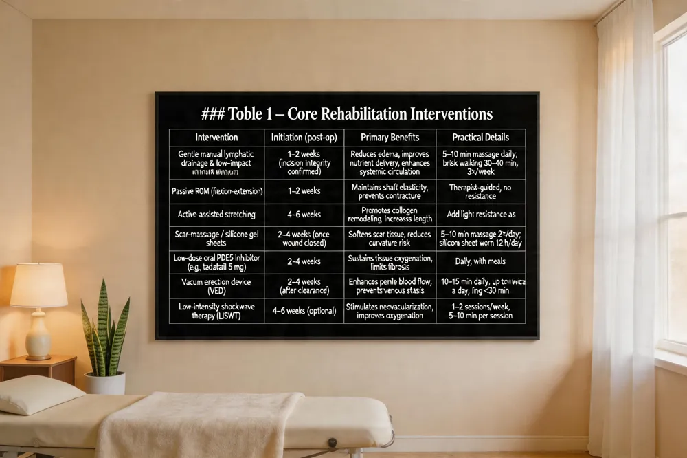 ### Table 1 – Core Rehabilitation Interventions
| Intervention | Initiation (post‑op) | Primary Benefits | Practical Details |
|---|---|---|---|
| Gentle manual lymphatic drainage & low‑impact walking | 1–2 weeks (after incision integrity confirmed) | Reduces edema, improves nutrient delivery, enhances systemic circulation | 5–10 min massage daily; brisk walking 30–40 min, 3×/week |
| Passive ROM (flexion‑extension) | 1–2 weeks | Maintains shaft elasticity, prevents contracture | Therapist‑guided, no resistance |
| Active‑assisted stretching | 4–6 weeks | Promotes collagen remodeling, increases length | Add light resistance as tolerated |
| Scar‑massage / silicone gel sheets | 2–4 weeks (once wound closed) | Softens scar tissue, reduces curvature risk | 5–10 min massage 2×/day; silicone sheet worn 12 h/day |
| Low‑dose oral PDE5 inhibitor (e.g., tadalafil 5 mg) | 2–4 weeks | Sustains tissue oxygenation, limits fibrosis | Daily, with meals |
| Vacuum erection device (VED) | 2–4 weeks (after clearance) | Enhances penile blood flow, prevents venous stasis | 10–15 min daily, up to twice a day, ring <30 min |
| Low‑intensity shockwave therapy (LiSWT) | 4–6 weeks (optional) | Stimulates neovascularization, improves oxygenation | 1–2 sessions/week, 5–10 min per session |
