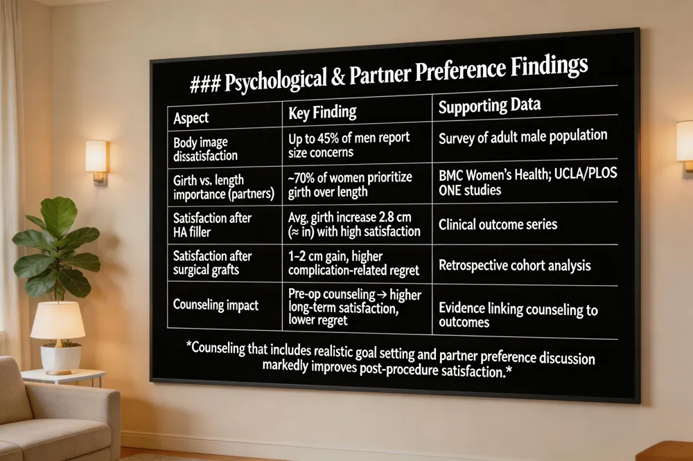 ### Psychological & Partner Preference Findings
| Aspect | Key Finding | Supporting Data |
|---|---|---|
| Body image dissatisfaction | Up to 45 % of men report size concerns | Survey of adult male population |
| Girth vs. length importance (partners) | ~70 % of women prioritize girth over length | BMC Women’s Health; UCLA/PLOS ONE studies |
| Satisfaction after HA filler | Avg. girth increase 2.8 cm (≈1 in) with high satisfaction | Clinical outcome series |
| Satisfaction after surgical grafts | 1–2 cm gain, higher complication‑related regret | Retrospective cohort analysis |
| Counseling impact | Pre‑op counseling → higher long‑term satisfaction, lower regret | Evidence linking counseling to outcomes |
Counseling that includes realistic goal setting and partner preference discussion markedly improves post‑procedure satisfaction.
