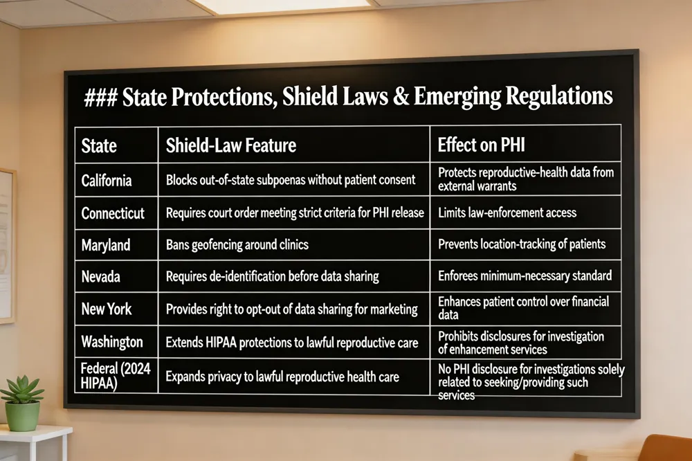 ### State Protections, Shield Laws & Emerging Regulations
| State | Shield‑Law Feature | Effect on PHI |
|---|---|---|
| California | Blocks out‑of‑state subpoenas without patient consent | Protects reproductive‑health data from external warrants |
| Connecticut | Requires court order meeting strict criteria for PHI release | Limits law‑enforcement access |
| Maryland | Bans geofencing around clinics | Prevents location‑tracking of patients |
| Nevada | Requires de‑identification before data sharing | Enforces minimum‑necessary standard |
| New York | Provides right to opt‑out of data sharing for marketing | Enhances patient control over financial data |
| Washington | Extends HIPAA protections to lawful reproductive care | Prohibits disclosures for investigation of enhancement services |
| Federal (2024 HIPAA Final Rule) | Expands privacy to lawful reproductive health care | No PHI disclosure for investigations solely related to seeking/providing such services |
