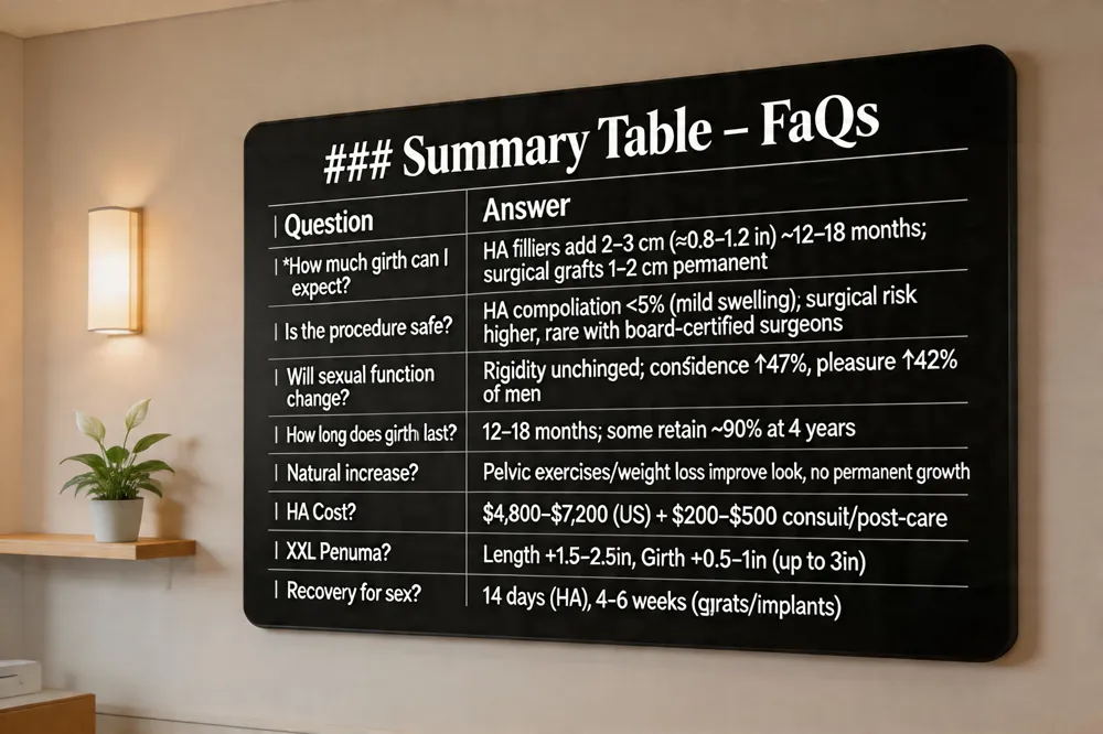 ### Summary Table – FAQs
| Question | Answer |
|---|---|
| How much girth can I expect? | HA fillers add 2–3 cm (≈0.8–1.2 in) for ~12–18 months; surgical grafts give 1–2 cm permanent increase. |
| Is the procedure safe? | HA filler complication rate <5 % (mostly mild swelling). Surgical grafts have higher infection/scarring risk, but serious events are rare when performed by board‑certified surgeons. |
| Will my sexual function change? | Most studies show unchanged erectile rigidity; self‑confidence ↑ in 47 % and sexual pleasure ↑ in 42 % of men. |
| How long does a girth shot last? | Volume typically persists 12–18 months; some formulations retain ~90 % at 4 years. |
| Can I increase girth naturally? | Pelvic‑floor exercises, weight loss, and cardio may improve appearance but do not produce permanent tissue growth. |
| What is the cost of HA girth enhancement? | $4,800 – $7,200 for a full series in the U.S., plus $200–$500 for consults, imaging, and post‑care. |
| How many inches does the XXL Penuma add? | Length +1.5–2.5 in, Girth +0.5–1 in (up to 3 in possible). |
| Recovery time before sex? | 14 days for HA fillers, 4–6 weeks for grafts/implants. |
