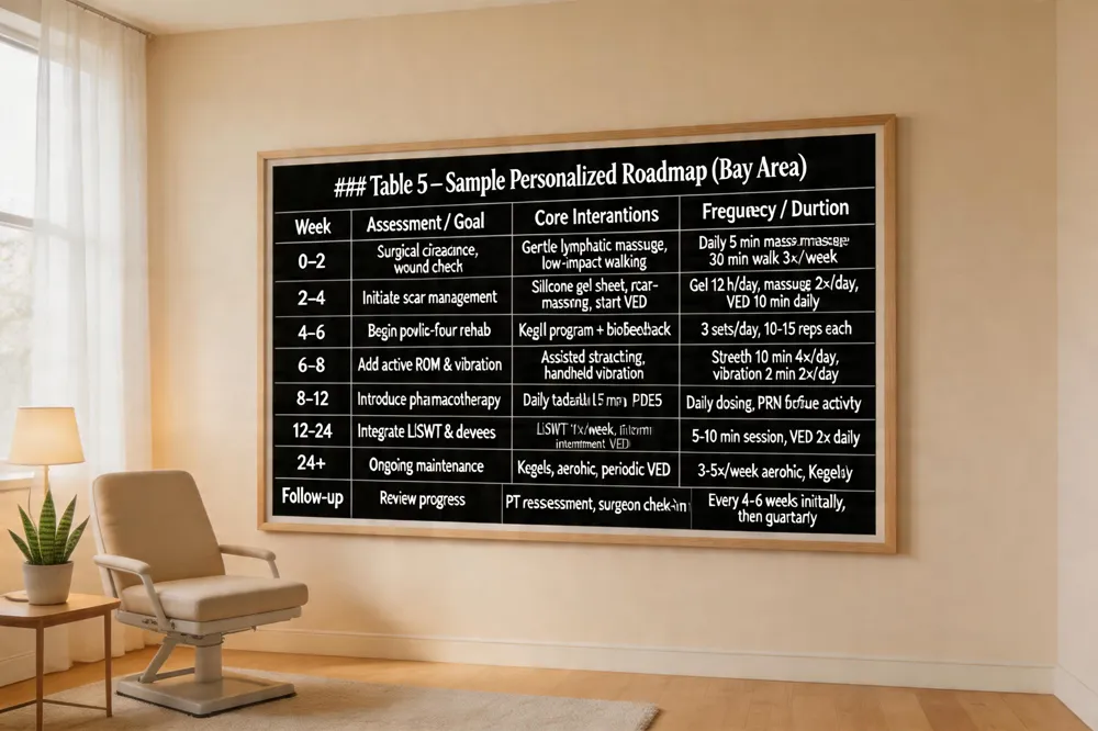### Table 5 – Sample Personalized Roadmap (Bay Area)
| Week | Assessment / Goal | Core Interventions | Frequency / Duration |
|---|---|---|---|
| 0–2 | Surgical clearance, wound check | Gentle lymphatic massage, low‑impact walking | Daily 5 min massage, 30 min walk 3×/week |
| 2–4 | Initiate scar management | Silicone gel sheet, scar‑massage, start VED | Gel 12 h/day, massage 2×/day, VED 10 min daily |
| 4–6 | Begin pelvic‑floor rehab | Kegel program (basic, lying, side‑lying) + biofeedback | 3 sets/day, 10‑15 reps each |
| 6–8 | Add active ROM & vibration | Assisted stretching, handheld vibration | Stretch 10 min 4×/day, vibration 2 min 2×/day |
| 8–12 | Introduce pharmacotherapy | Daily tadalafil 5 mg, on‑demand PDE5 as needed | Daily dosing, PRN before activity |
| 12–24 | Integrate LiSWT & advanced devices | LiSWT 1×/week, intermittent VED, optional implant planning | 5‑10 min session, VED up to twice daily |
| 24+ | Ongoing maintenance | Continue Kegels, aerobic conditioning, periodic VED | 3‑5 times/week aerobic; Kegels daily |
| Follow‑up | Review progress, adjust intensity | PT reassessment, surgeon check‑in | Every 4–6 weeks initially, then quarterly |

