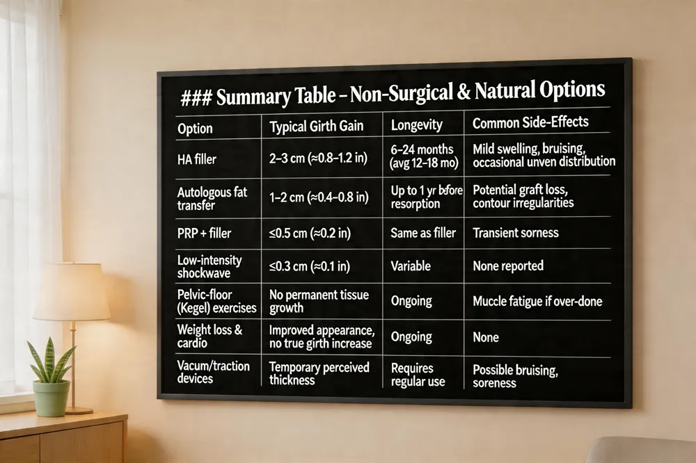 ### Summary Table – Non‑Surgical & Natural Options
| Option | Typical Girth Gain | Longevity | Common Side‑Effects |
|---|---|---|---|
| HA filler | 2–3 cm (≈0.8–1.2 in) | 6–24 months (average 12–18 mo) | Mild swelling, bruising, occasional uneven distribution |
| Autologous fat transfer (minimally invasive) | 1–2 cm (≈0.4–0.8 in) | Up to 1 yr before resorption | Potential graft loss, contour irregularities |
| PRP + filler | ≤0.5 cm (≈0.2 in) | Same as filler | Transient soreness |
| Low‑intensity shockwave | ≤0.3 cm (≈0.1 in) | Variable | None reported |
| Pelvic‑floor (Kegel) exercises | No permanent tissue growth | Ongoing | Muscle fatigue if over‑done |
| Weight loss & cardio | Improved appearance, not true girth increase | Ongoing | None |
| Vacuum/traction devices | Temporary perceived thickness | Requires regular use | Possible bruising, soreness |

